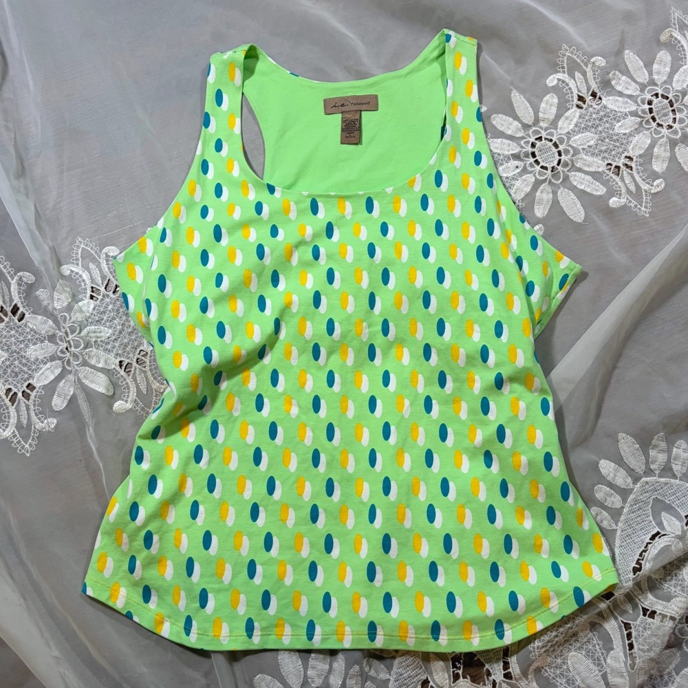 Y2K Workout Cotton Lime Green Polka Dot Print Tank Top Shelf Bra Large